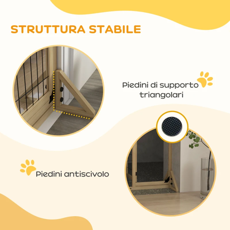 PawHut Cancelletto per Cani Estensibile con Porta e 2 Pannelli, Piedini Triangolari, 112-159x70 cm, Legno Naturale