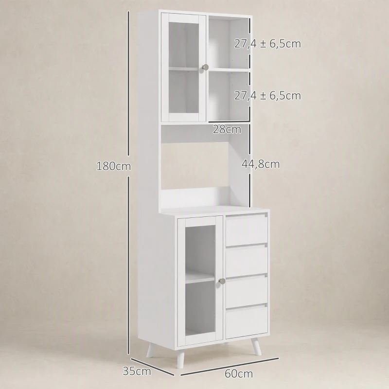 HOMCOM Armário de Cozinha com 2 Armários com Portas de Vidro Temperado 2 Compartimentos Abertos 4 Gavetas e Prateleiras Ajustáveis 60x35x180 cm Branco