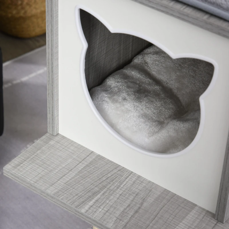 PawHut Tiragraffi per Gatti Multi-attività Morbido con Cuccia Palla Cestino Sospeso in Sisal Peluche Grigio 61x49x160.5cm