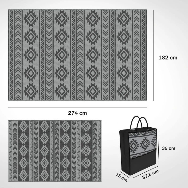 Outsunny vloerkleed voor buiten, waterdicht, dubbelzijdig ontwerp, hoogwaardige kunststofvezel, zwart+grijs, 182 x 274 cm