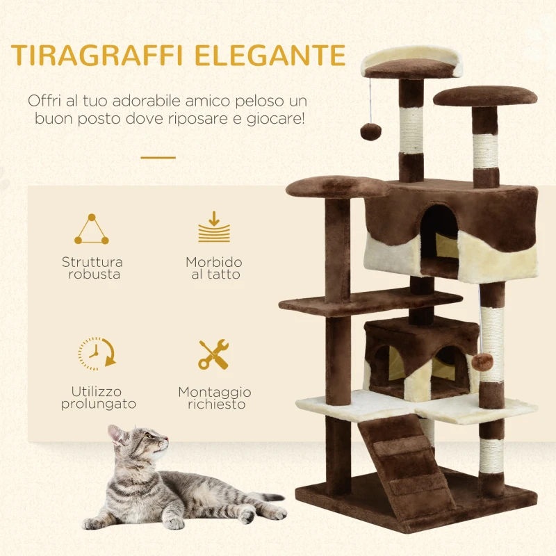PawHut Albero Tiragraffi per Gatti in Peluche e Sisal con Cucce e Pallina 50×50×134.5cm Caffè e Crema