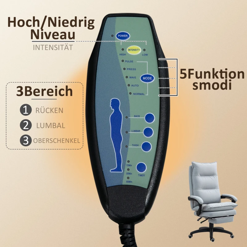 Vinsetto Massage-bureaustoel, bureaustoel met massagefunctie, in hoogte verstelbare ergonomische draaistoel, nylon, Lichtgrijs