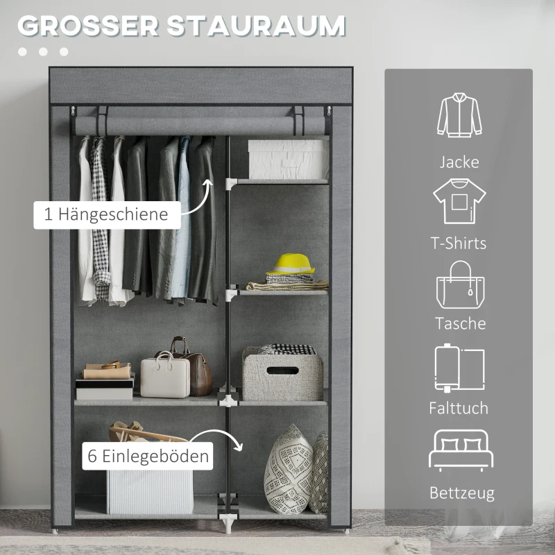 HOMCOM Stoffen Kast, Opbergoplossing, 6 Planken, 1 Kledingstang, Donkergrijs
