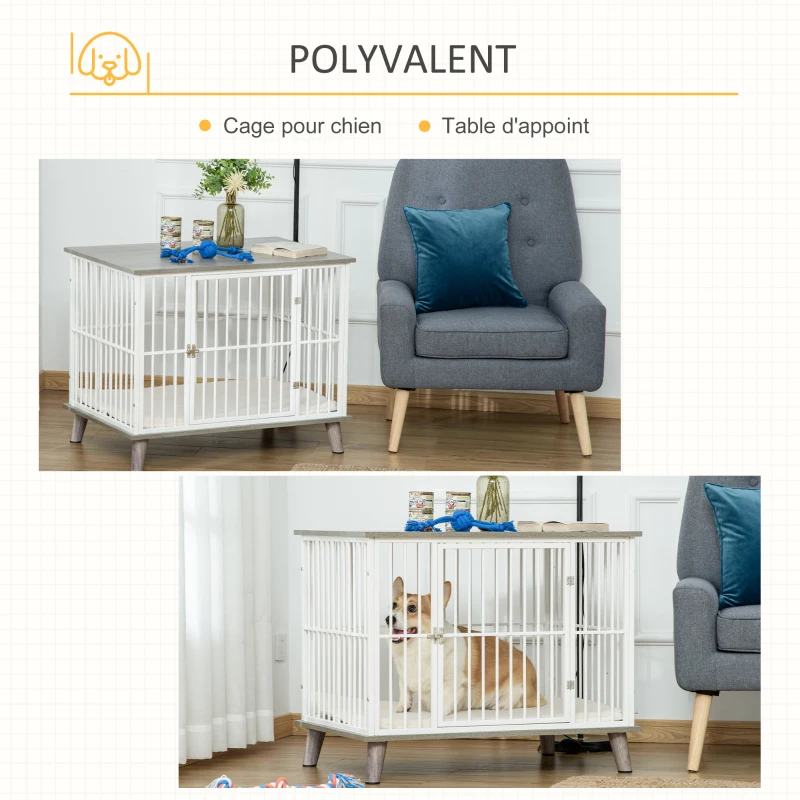 PawHut Cage pour chien moyens animaux avec coussin amovible lavable porte verrouillable avec loquet acier panneaux de particules blanc chêne gris