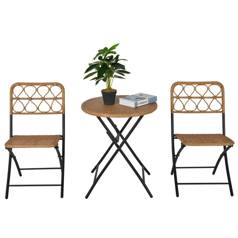 Outsunny Conjunto de Mesa y 2 Sillas Plegables de Ratán con Respaldo para Jardín Terraza Exterior Estructura de Acero Ø60x71 cm y 46x56x83 cm Madera Natural