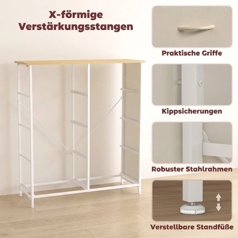 HOMCOM Slaapkamerladekast met 8 stoffen laden, stalen versteviging, houten bovenblad, 4 opbergvakken en 2 haken, beige