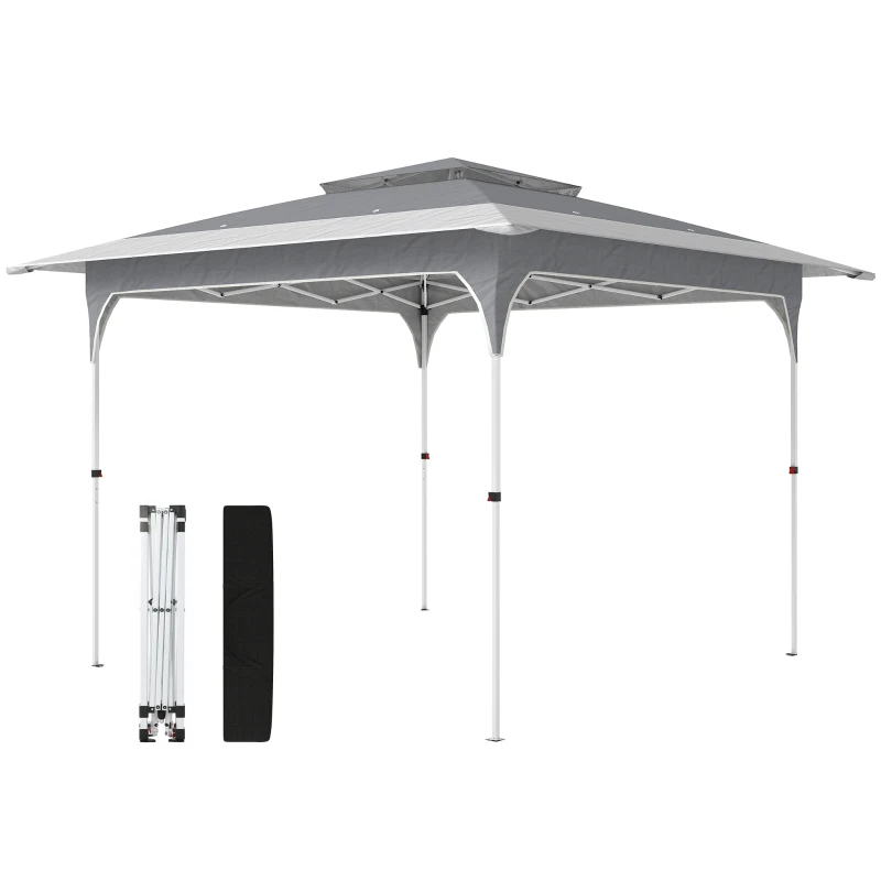 Outsunny Tenda Dobrável 3,5x3,5 m Pop-up com Altura Ajustável 3 Níveis Teto Duplo Fecho Central e Bolsa UPF50+ Cinzento