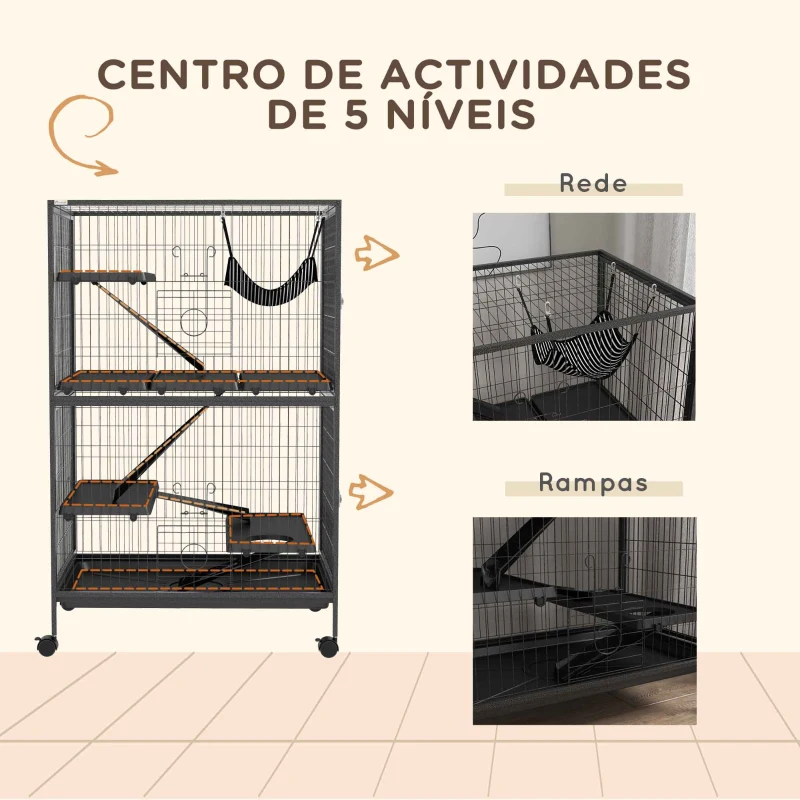 PawHut Gaiola para Roedores 80x52x128 cm Casa de 4 Alturas com Rampas Suspensa Rede Bandeja Removível Rodas Cinza Escuro