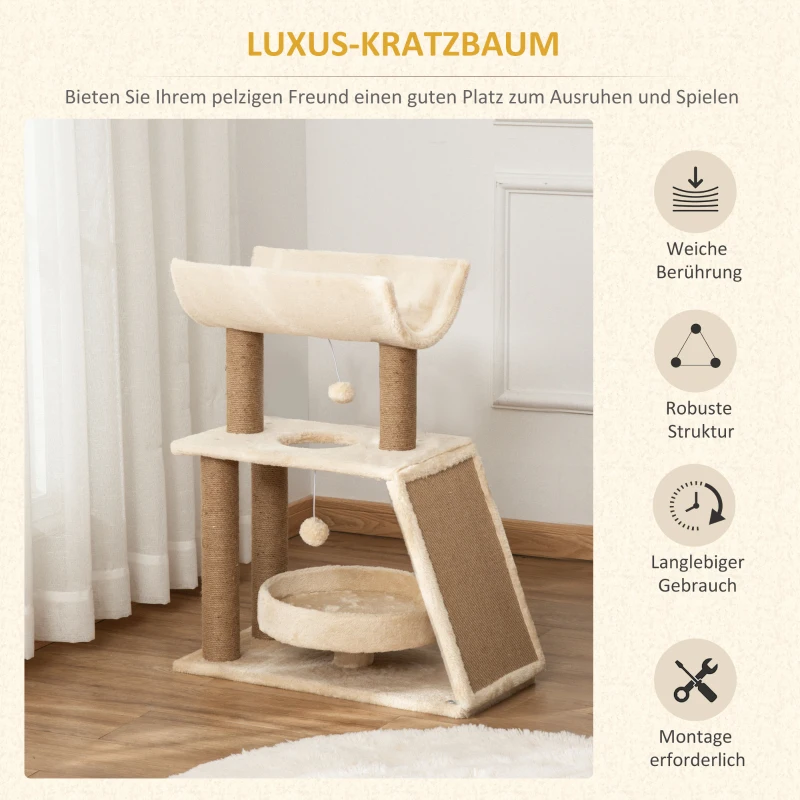 PawHut Krabpaal Kattenboom, inclusief speelgoed en kattenbed, 60 cm x 30 cm x 76 cm, Crème + Natuur