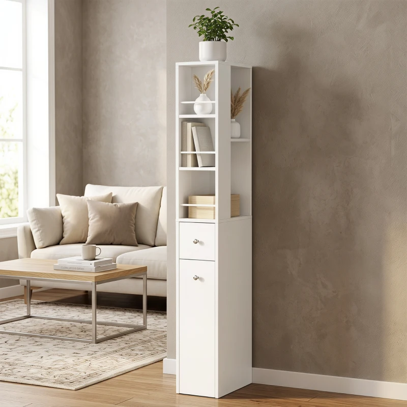 HOMCOM Mobile Colonna Bagno con 2 Cassetti, 2 Ripiani e 3 Scomparti, in Legno, 18x40x135 cm, Bianco