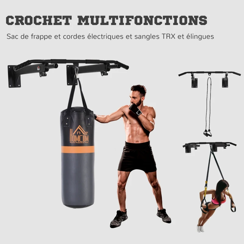 HOMCOM Barre de traction barre de Fitness fixation murale support sac de frappe ou sangles TRX intégré charge max. 150 Kg acier noir