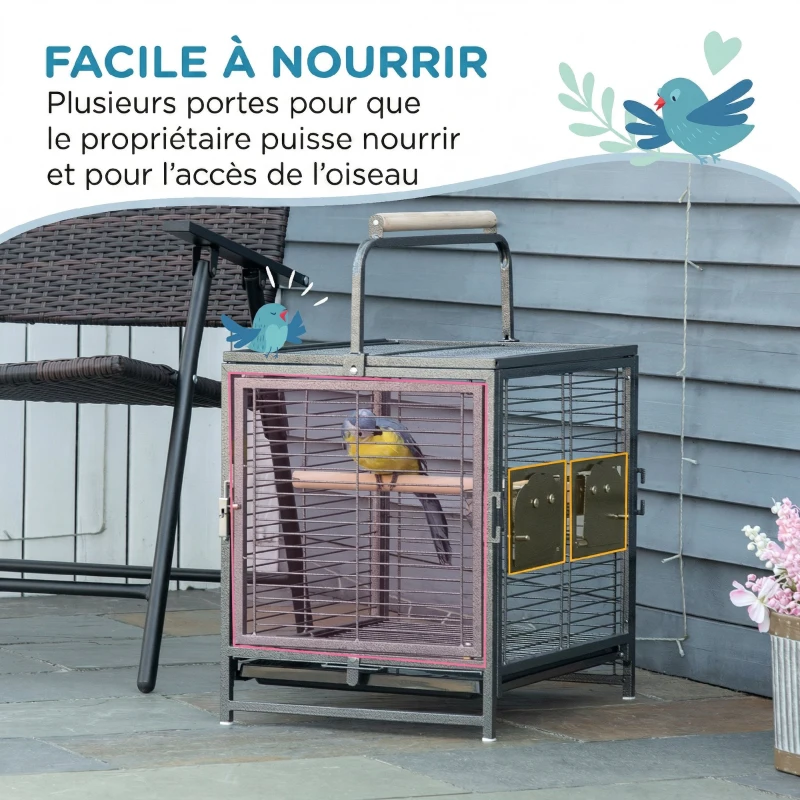 PawHut Cage de transport en acier pour perroquets, cage à oiseaux avec 2 bols en acier inoxydable, 2 perchoirs, plateau, noir