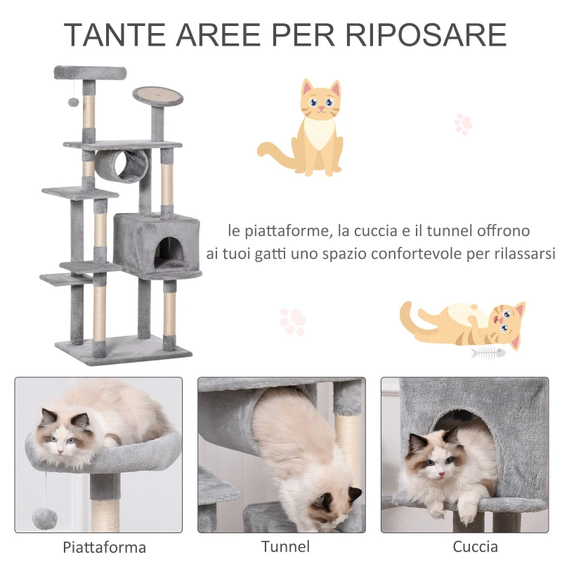 PawHut Albero Tiragraffi a Colonna da 165cm con Graffiatoio e Trespoli per Gattini e Gatti Adulti di Max. 4.5kg, Grigio, 60x50x165cm