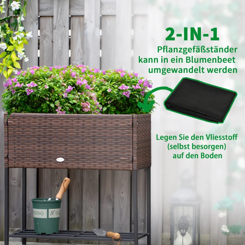 Outsunny Poly rotan bloembak met verhoogd bed en poten Bloempot met plank bruin 70 x 30 x 72 cm