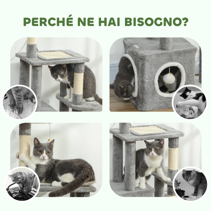 PawHut Albero Tiragraffi per Gatti con Casetta, Lettino e 2 Palline, in Legno e Peluche, 55x40x107 cm, Grigio e Bianco