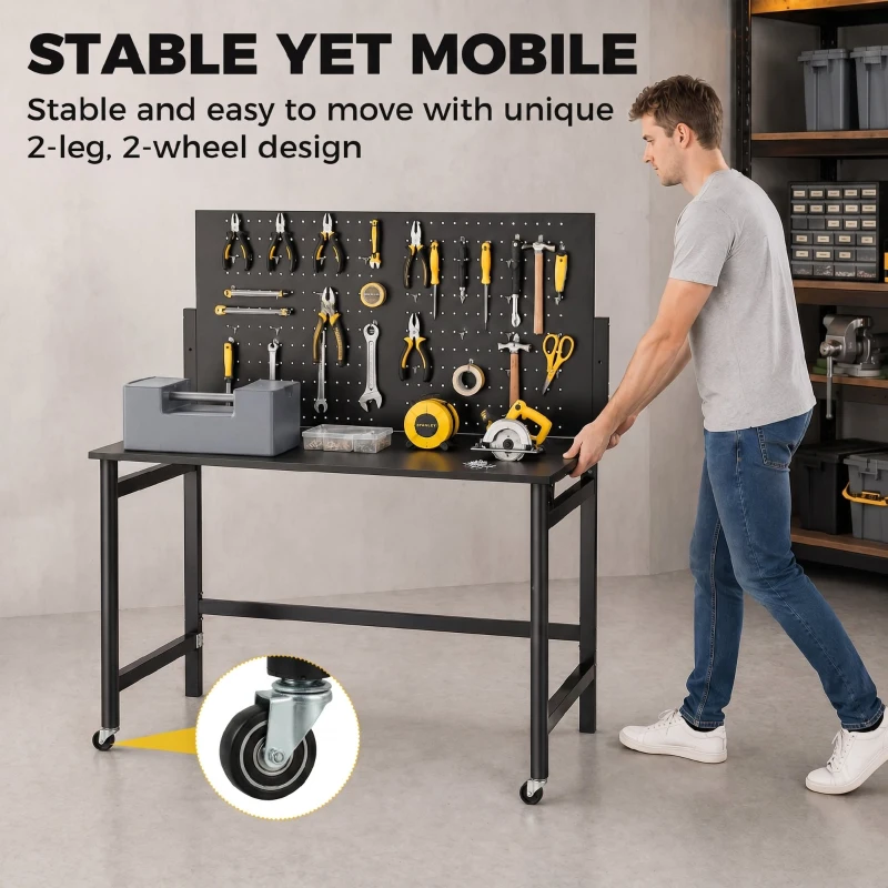 HOMCOM Banco da Lavoro Pieghevole Portatile con Pannello Perforato, Piano Spesso in Legno, Struttura in Acciaio, Nero