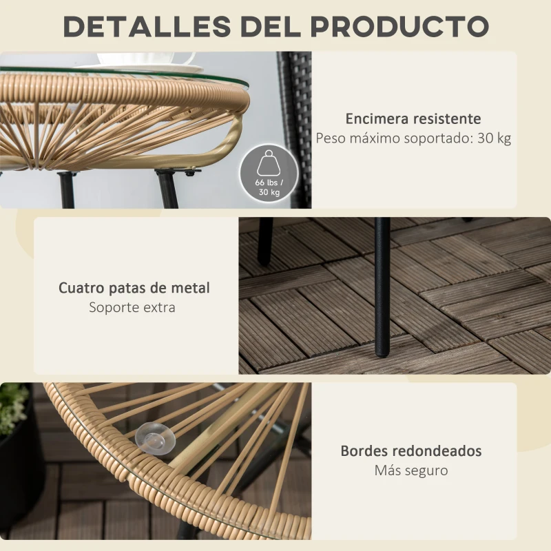 Outsunny Mesa Auxiliar de Ratán Sintético Redonda para Exteriores con Encimera de Vidrio Templado Ø50x50 cm Beige