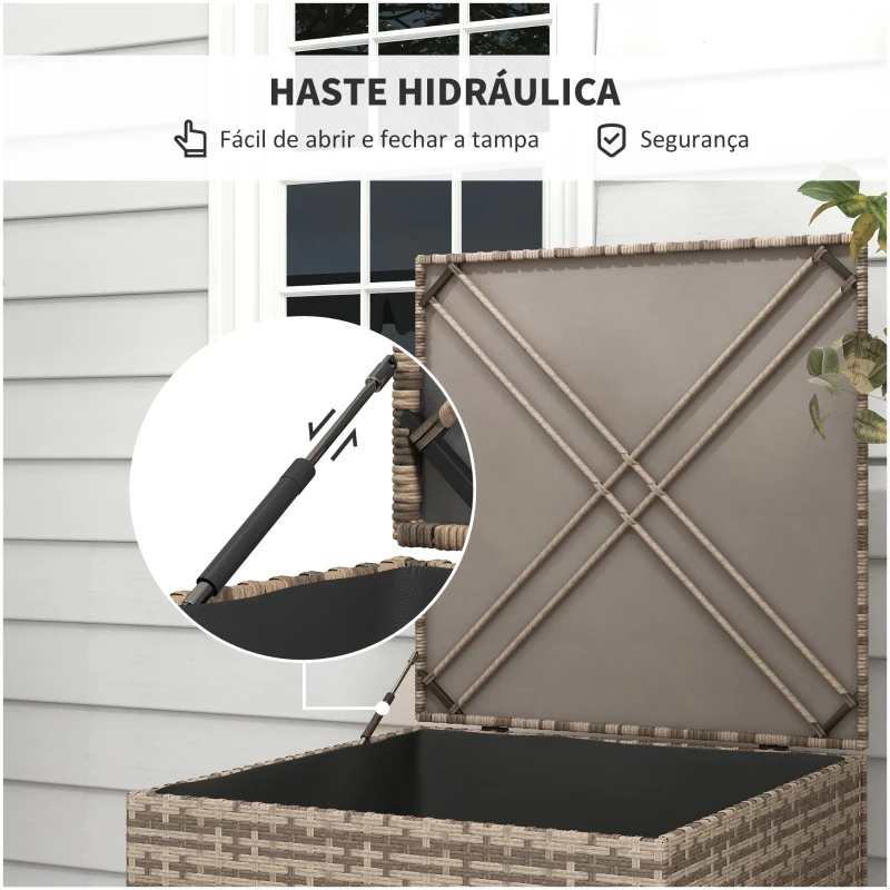 Outsunny Baú de Armazenamento de Vime Sintético 75x75x70 cm Baú de Exterior com Haste de Ar e Estrutura de Aço Carga 50 kg Cáqui