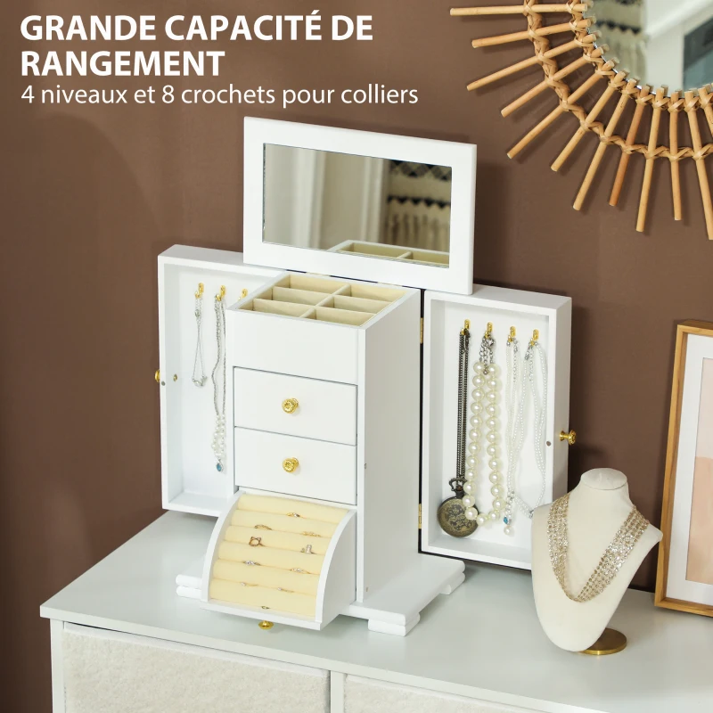 HOMCOM Boîte à Bijoux Femme à 4 Niveaux, Coffre à Bijoux en Bois avec Ailes, Miroir et 2 Tiroirs, 26,5x16 x33,5 cm, Blanc