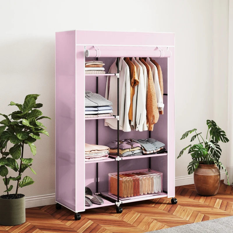 HOMCOM Roupeiro de Tecido Dobrável com 6 Prateleiras 1 Barra de Pendurar e Rodas para Dormitório Vestidor 103x43x162,5 cm Rosa