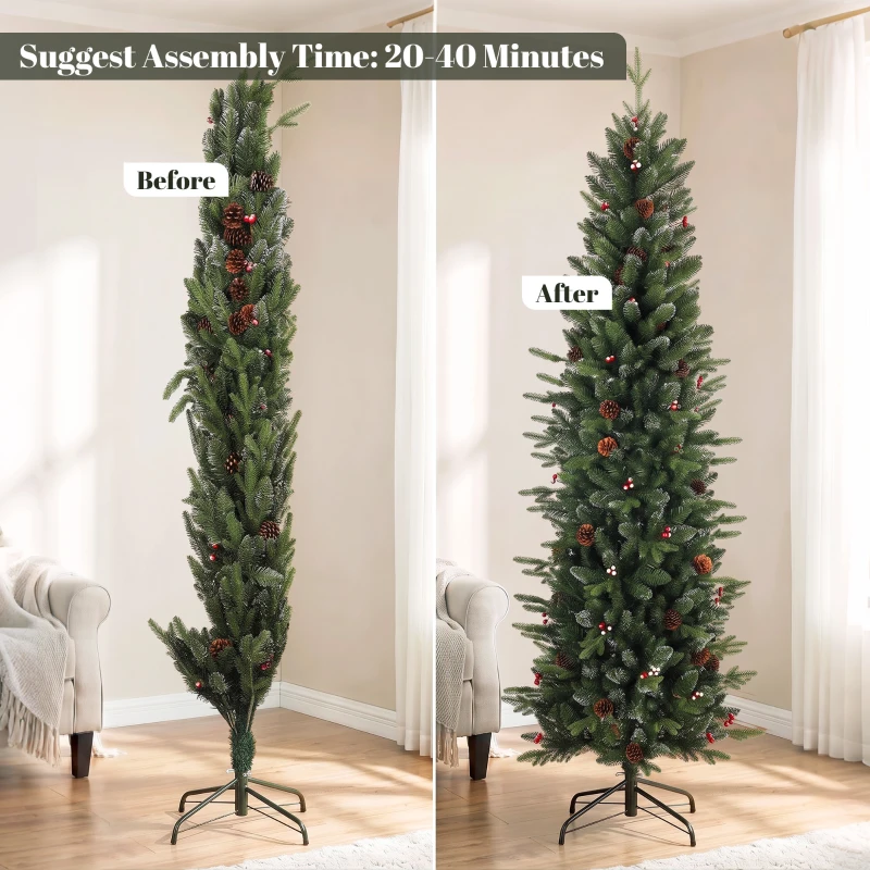 HOMCOM Slim Gracious Pine Xmas Tree, 7ft/210cm Artificial Christmas Tree with 904 Branch Tips, Foldable Steel Stand, Green