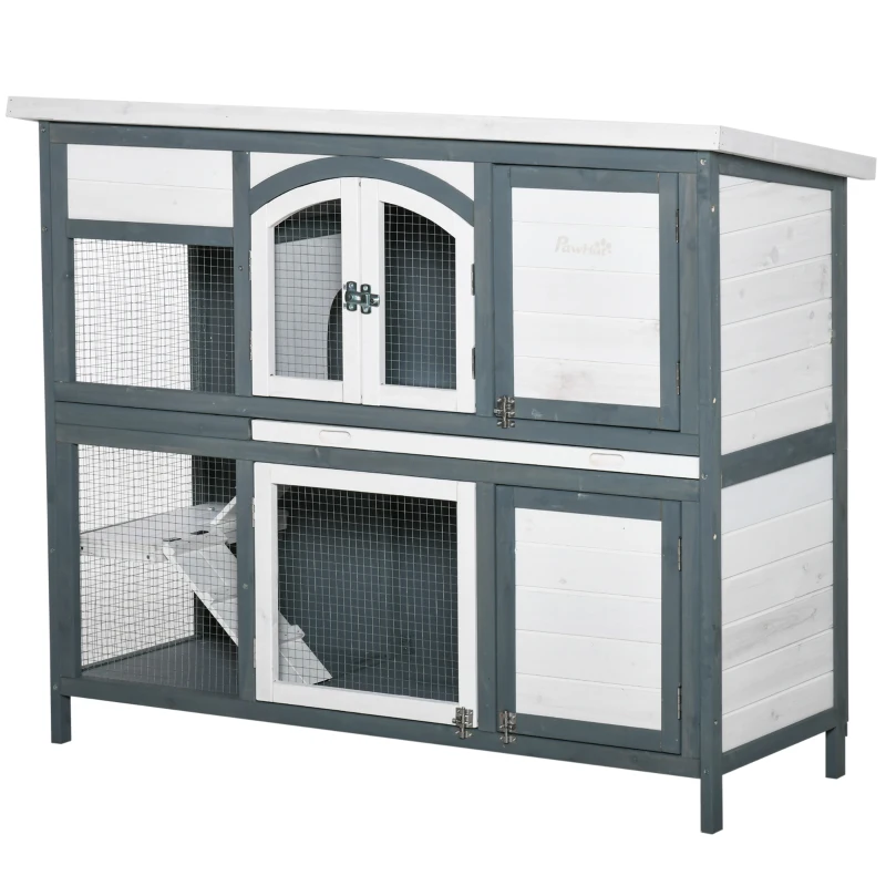 PawHut Rabbit Hutch Outdoor Guinea Pig Hutch 2 Tier Wooden Cage w/ Ramp, Divider, Openable Roof, 125 x 48 x 100cm - Grey