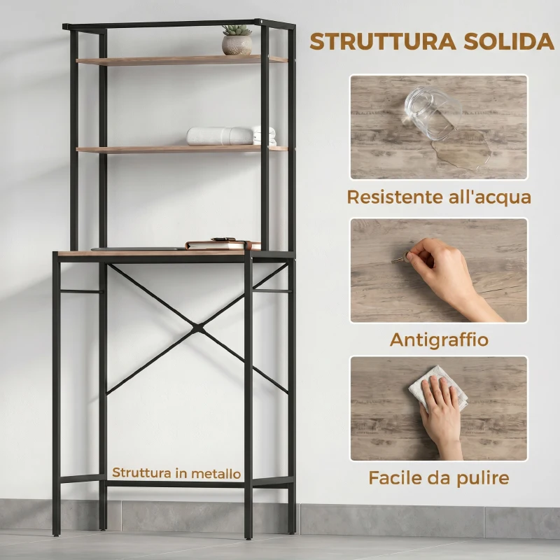 HOMCOM Mobile Sopra Lavatrice a 3 Ripiani con Barra Appendiabiti, in Legno e Acciaio, 67x40x161.8 cm, Marrone e Nero