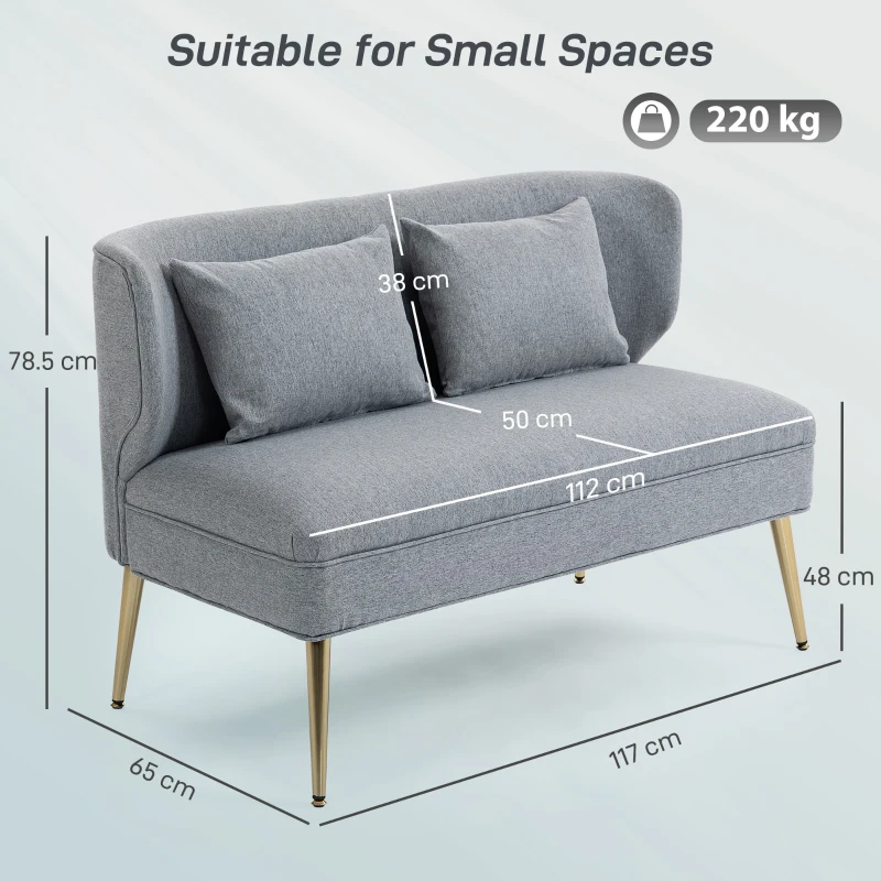 HOMCOM 2 Seater Sofa, Linen-look Fabric Small Sofa with Wing Back, Thick Seat, Metal Legs, Light Grey