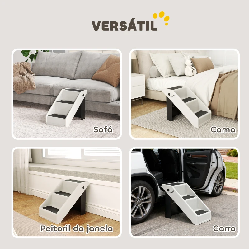 PawHut Escada Dobrável para Cães de 3 Degraus para Animais Mais Velhos para Cama Sofá 53x30,5x36,5 cm  Creme