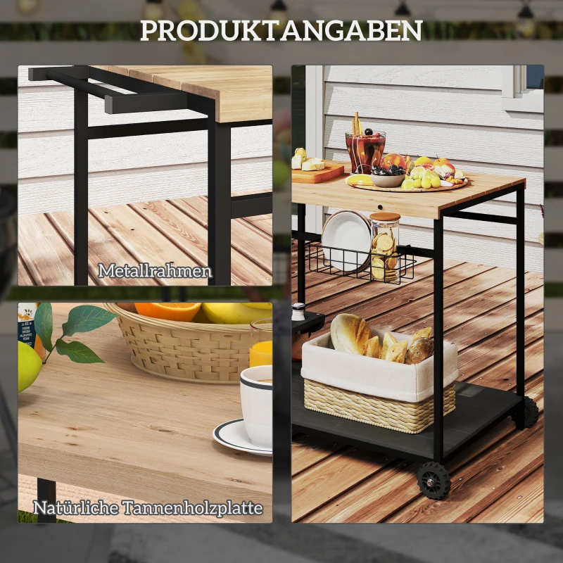 Outsunny Serveerwagen, Keukentrolley, 2 niveaus, 4 flessenhouders, Binnen/Buiten, Natuur/Zwart