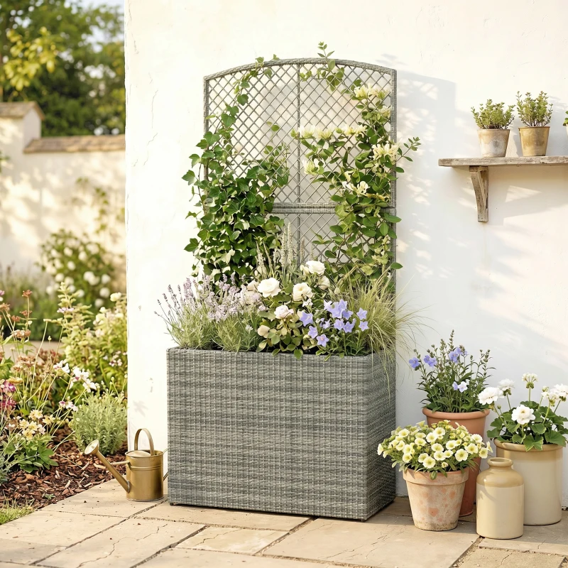 Outsunny Rattan Planter with Trellis, Raised Beds for Garden with Liner for Climbing Plants Vegetables Flowers, Dark Grey