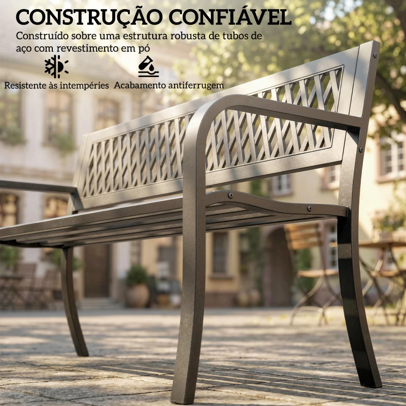 Outsunny Banco de Jardim Exterior de 2 Lugares com Assento Ripado, Apoios de Braço e Estrutura de Aço 119x50x75 cm Preto