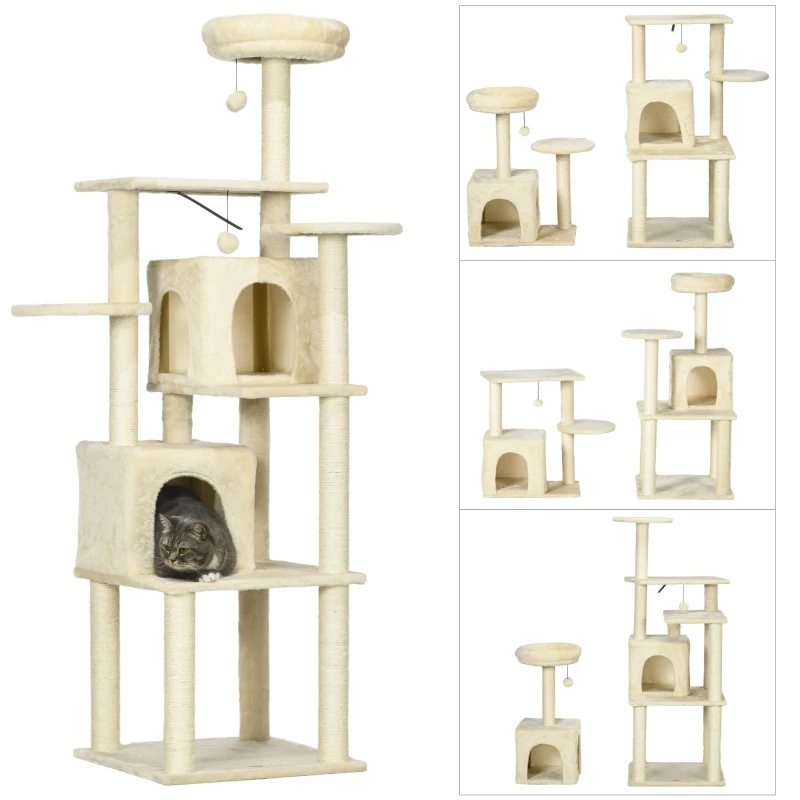 PawHut Arbre à chat arbre à grimper griffoir hauteur 171 cm avec 2 niches 6 plateformes 2 pompons suspendus beige