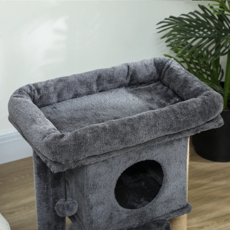 PawHut Arranhador para Gatos Pequenos 57 cm com Rampa para Arranhar Caverna Cama e Bola Suspensa 40x40x57 cm Cinzento Escuro