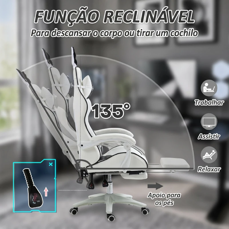 Vinsetto Cadeira Gaming Giratória de Couro PU com Altura Ajustável Inclinável 135° Apoio para a Cabeça 65x63x136-142 cm Branco e Preto