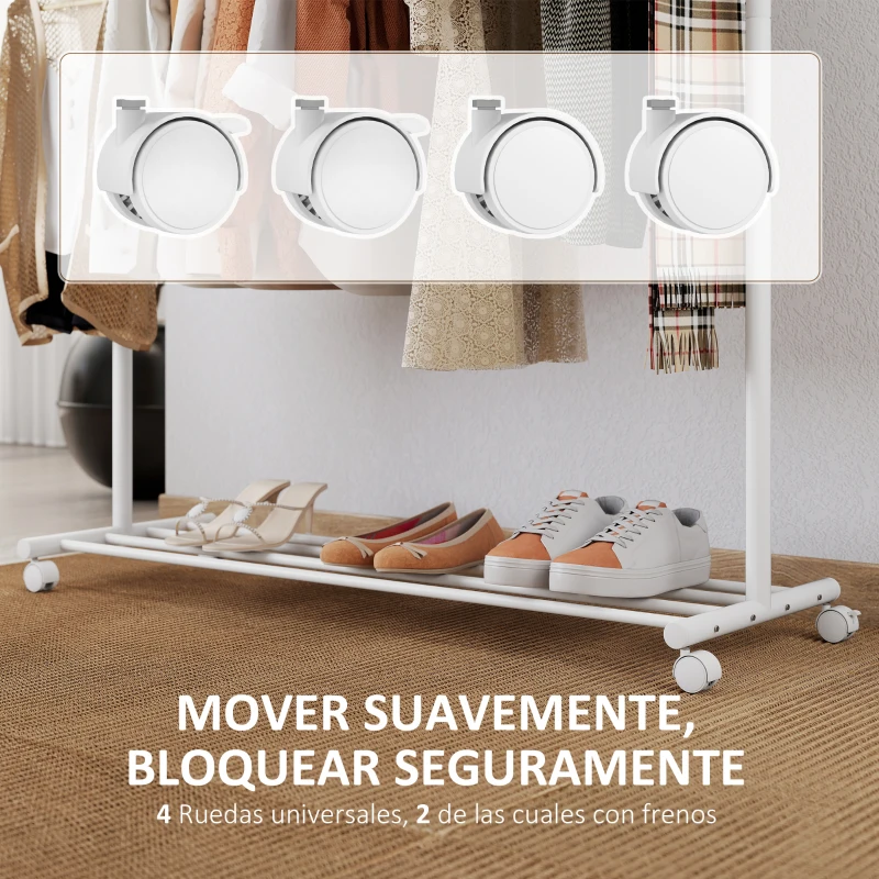HOMCOM Burro para Ropa con Ruedas 5 Ganchos Barra para Colgar y Balda Inferior para Recibidor Entrada 120x43x171 cm Blanco