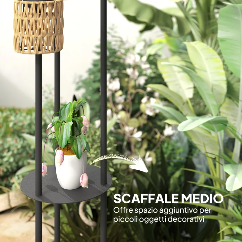Outsunny Lampada da Esterno Solare in stile Boho con Ripiano Centrale, in Rattan PE e Acciaio, Ø37x144 cm, Nero e Giallo