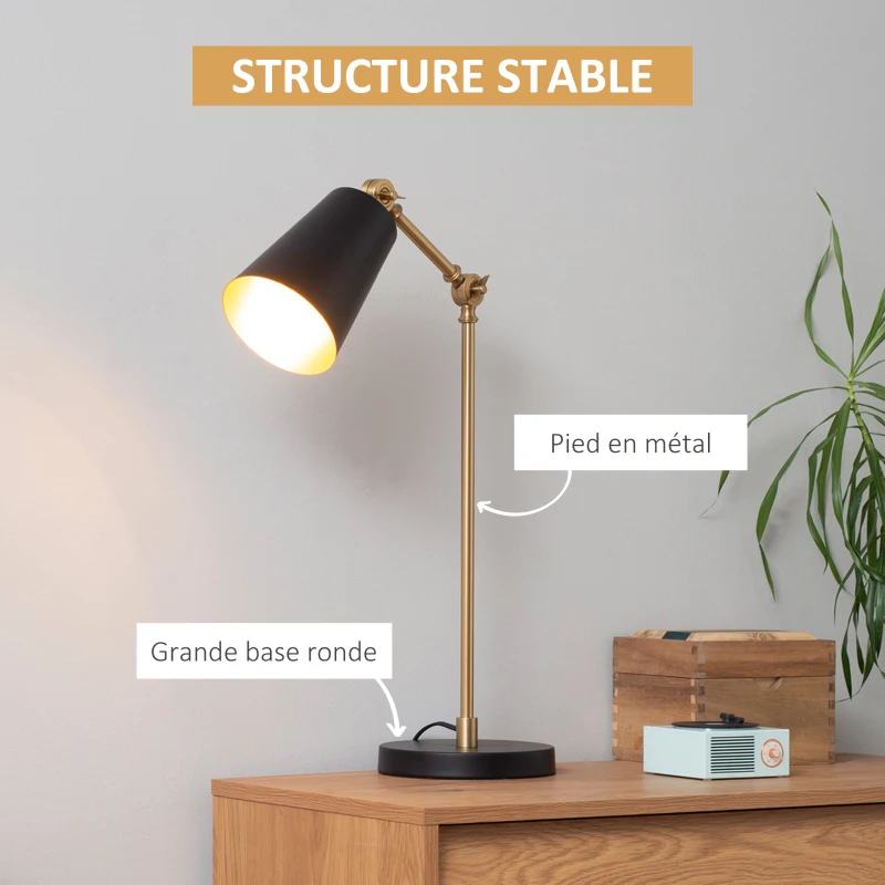 HOMCOM Lampe de table lampe de chevet style industriel angle réglable à 180° en métal pour salon chambre salle à manger bureau noir et or