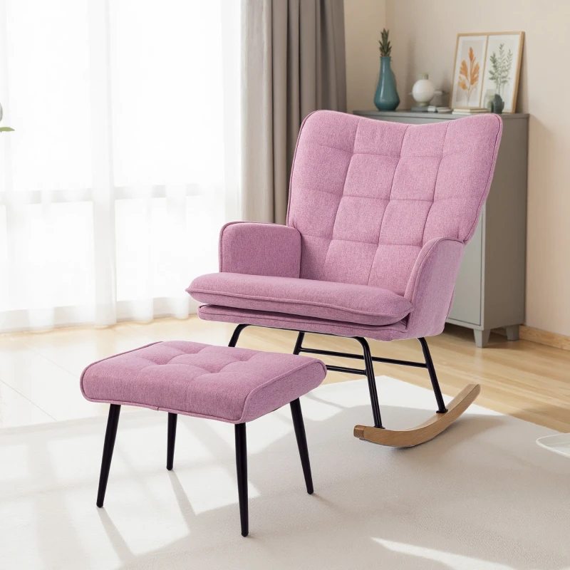 HOMCOM Conjunto de Poltrona Baloiço com Apoio para os Pés Poltrona Relax com Almofada Acolchoada e Anti-Tombo 64x89x90 cm Rosa