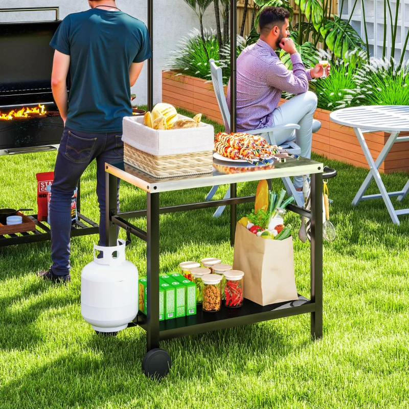 Outsunny Grillwagen 2-Etagen Servierwagen mit Arbeitsfläche Ablagen Haken Räder Edelstahl 102 x 56 x 81cm