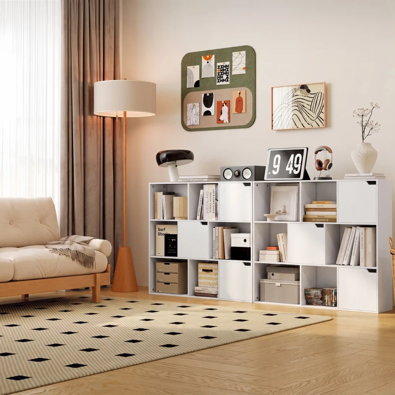HOMCOM Estante para Livros de 3 Níveis com 9 Cubos, 3 Portas e 6 Compartimentos Abertos, 106x24x95 cm, Branco