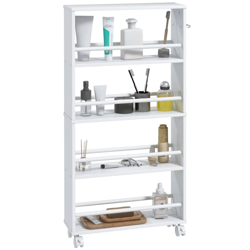 HOMCOM Multifunctioneel rek op wielen, slank ontwerp, 4 vakken, 45x15x91 cm, Wit