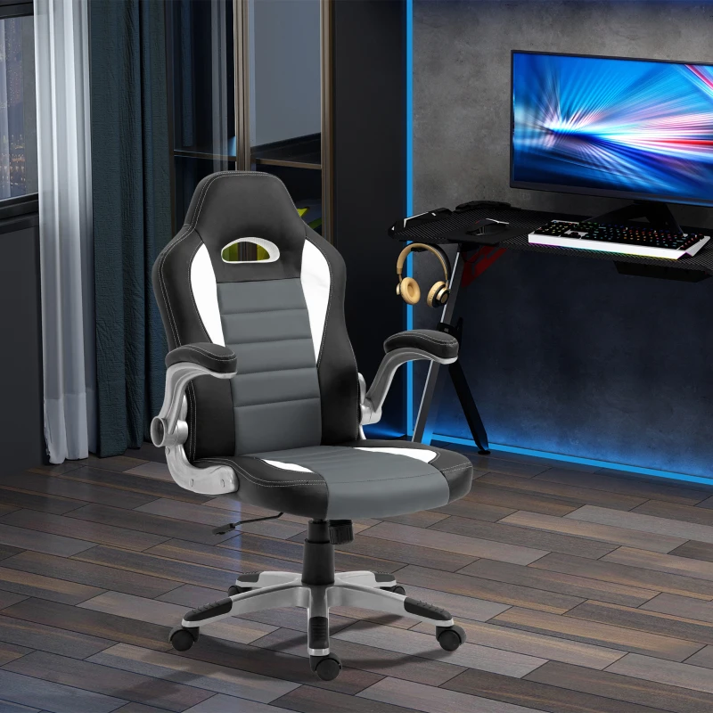 HOMCOM Racing Office Chair PU Leather Computer Desk Chair Gaming Style with Wheels, Flip-Up Armrest, Grey