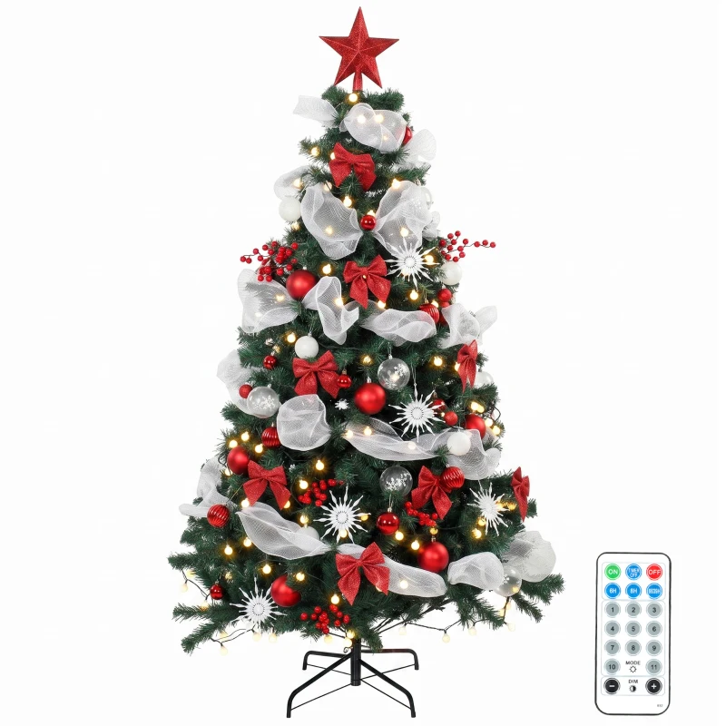 HOMCOM Árbol de Navidad Predecorado 180 cm con 200 LED 8 Modos 800 Ramas Mando y Base Plegable Funciona con USB Verde y Rojo
