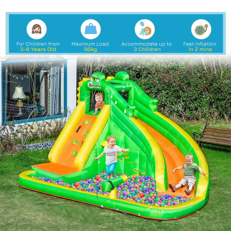 Outsunny Kids Bouncy Castle, 5 in 1 Large Crocodile Style Inflatable House Slide Basket Water Pool Gun Climbing Wall with Blower Carrybag for Kids Age 3-8, 3.85 x 2.85 x 2.25m