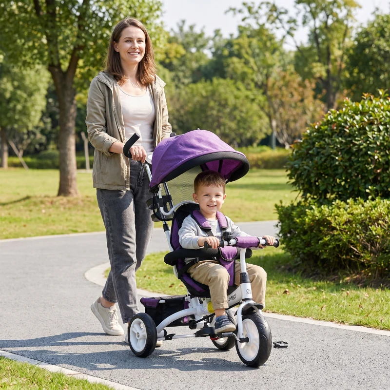 HOMCOM 6 in 1 Kids Trike Push Bike w/ Push Handle, Canopy, 5-point Seat Belt, Storage, Footrest, Brake, for 1-5 Years, Purple