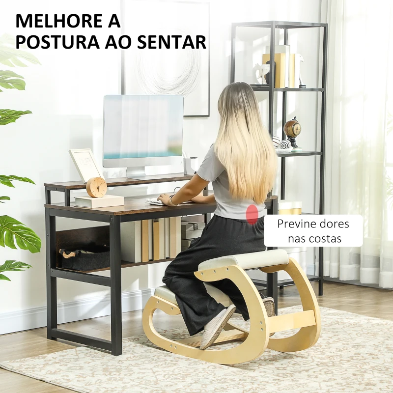 HOMCOM Cadeira Ergonómica de Joelhos com Almofadas Acolchoadas Estrutura de Madeira para Melhor Postura Escritório 55x85x55 cm Creme
