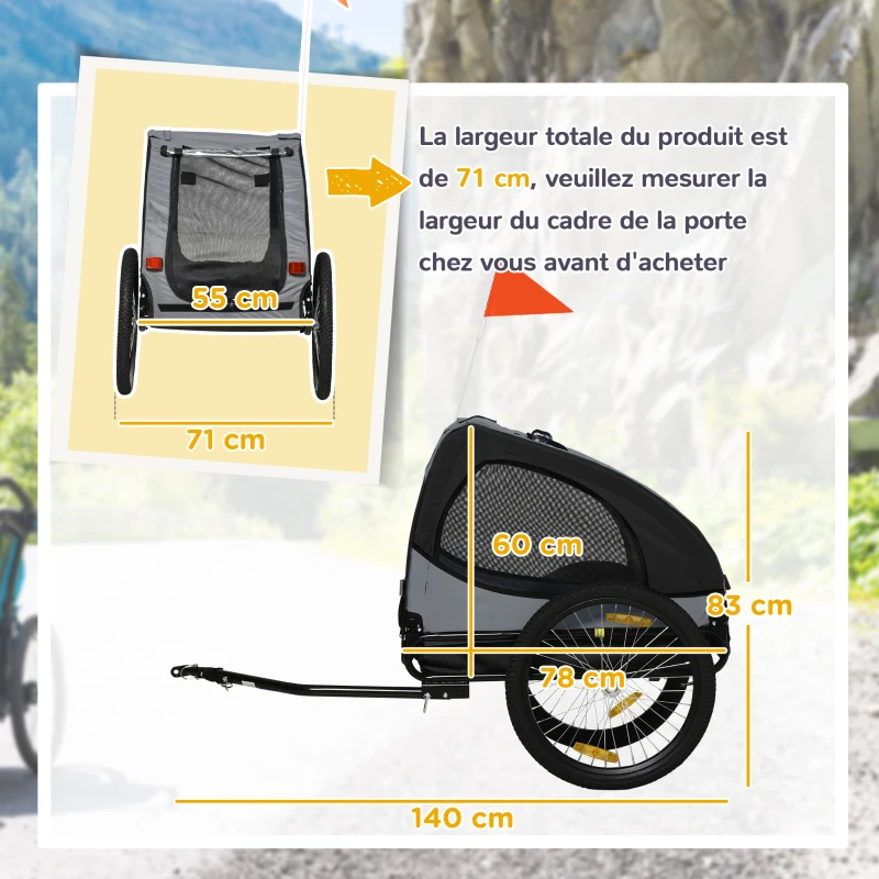 PawHut Remorque de vélo pour chien avec fenêtres en maille réflecteurs et drapeau de sécurité 140 x 71 x 83 cm noir
