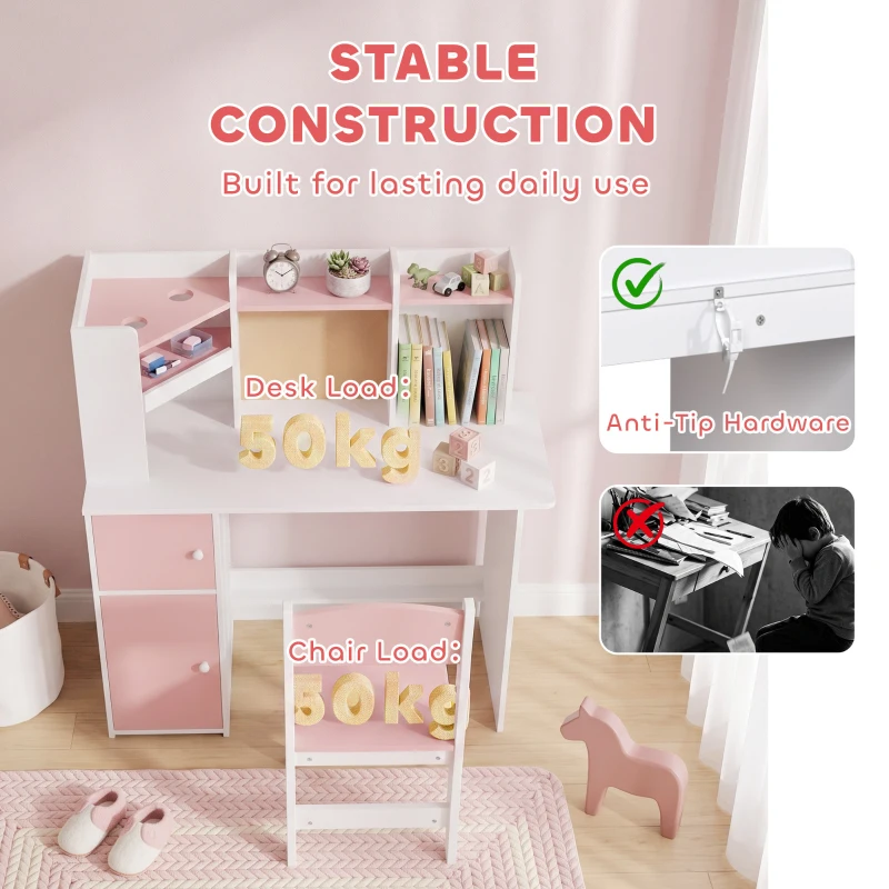 AIYAPLAY Kids Desk and Chair Set Storage Shelves Kids Desk Adjustable Tablet Stand Cork Board Pen Holder Pink