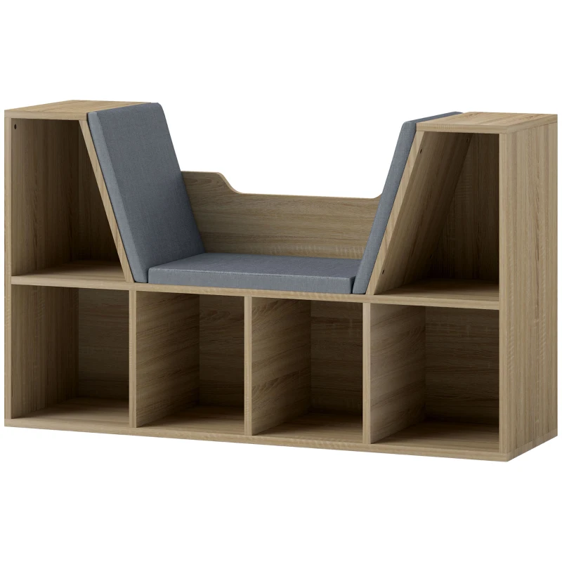 HOMCOM Librería con Asiento Estantería de Libros con 6 Cubos Cojín para Sala de Estar Dormitorio 102x30x61cm Roble y Gris